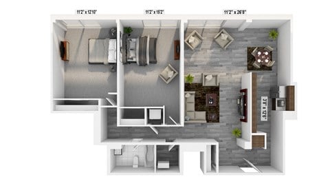 Floor plan for 2 beds, 1 bath, 1100 sqft
